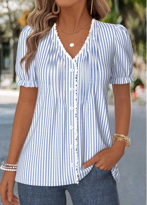 Modlily Dusty Blue Striped Frill Short Sleeve T Shirt