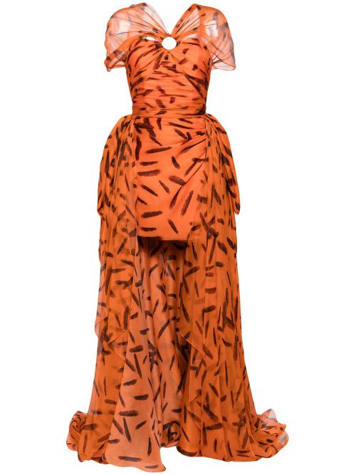 Feather-print draped silk gown - Orange
