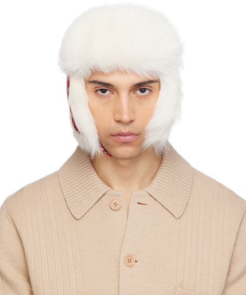 Red & Off-White Check Wool Trapper Hat