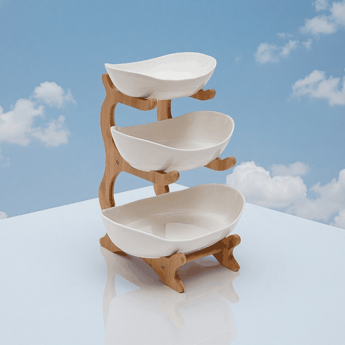 TEMU 3-tier Wooden Fruit Basket With Stand - Oval Shape, Natural , Elegant Design For Modern Kitchens, Organizing Fruits & Vegetables, Refrigerator