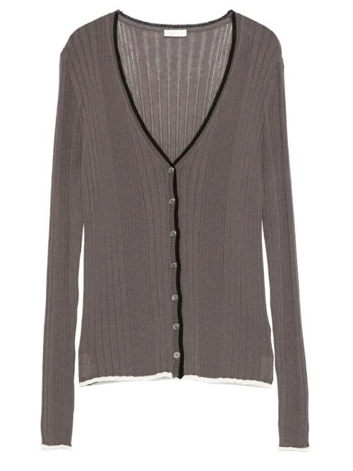 Contrasting Hem V-Neck Ribbed Cardigan