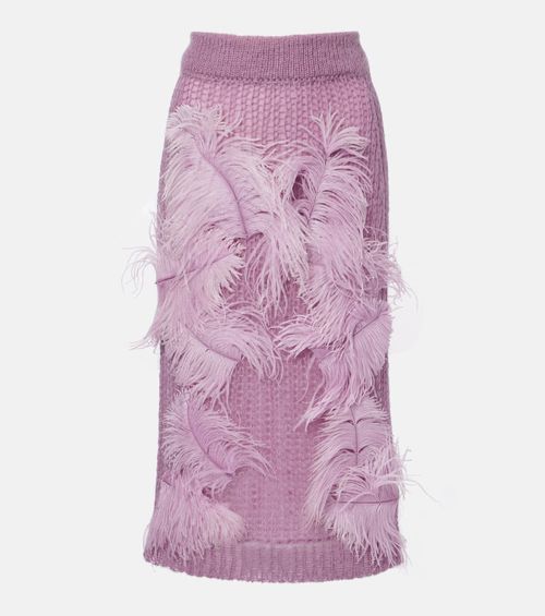 Feather-trimmed knitted midi skirt