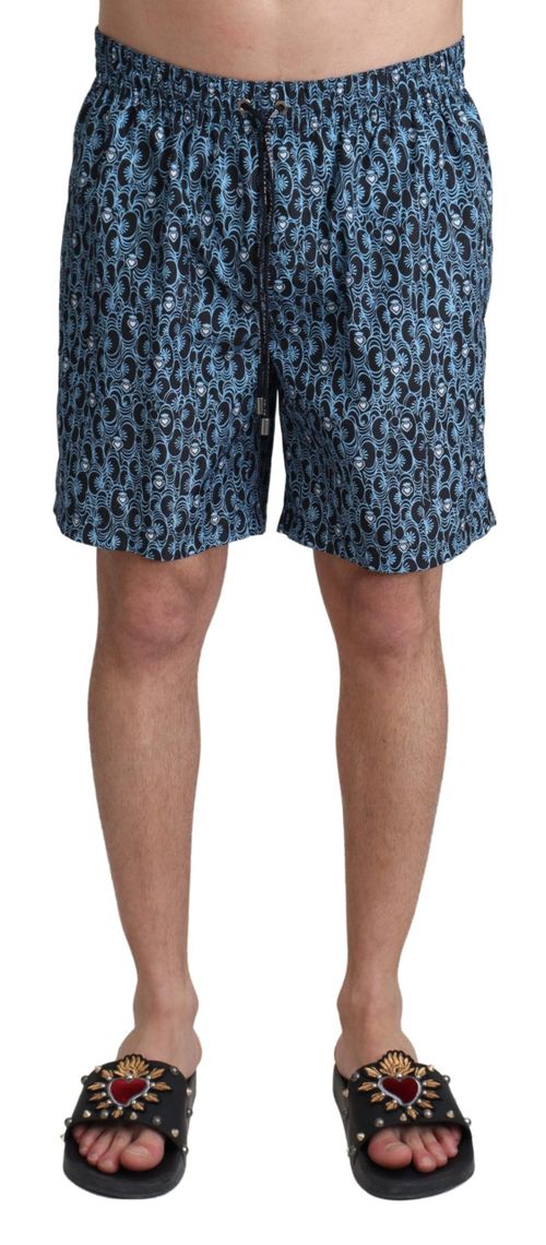 Patterned Print Polyester Swim Shorts — Blue