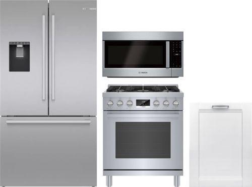Bosch 4 Piece Kitchen Appliances Package with French Door Refrigerator, Gas Range, Dishwasher and Over the Range Microwave in Stainless Steel BORERADW