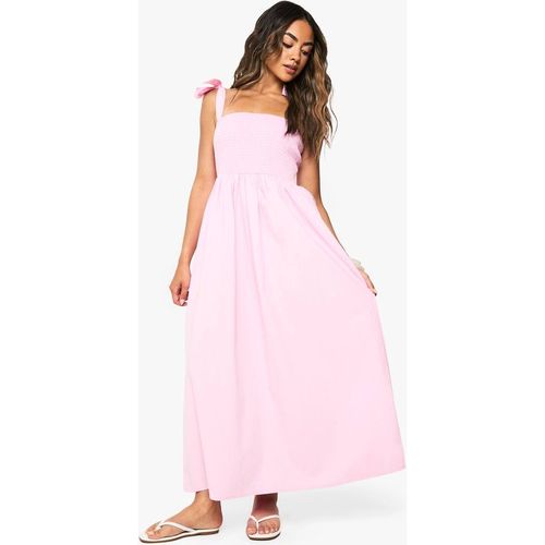 Boohoo Women's Tie Strap Shirred Poplin Maxi Dress in Pink
