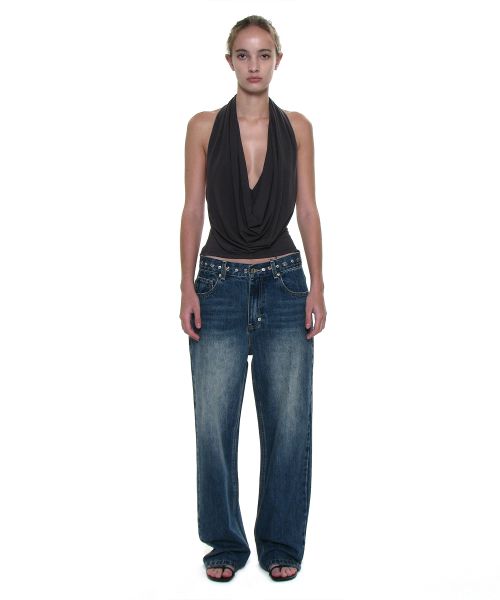 Metal Pointed Waist Jeans_Mid Blue