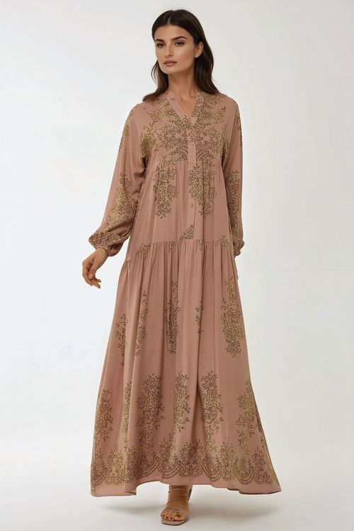 Coffee Brown Printed Viscon Maxi Dress With Shirt Collar Women