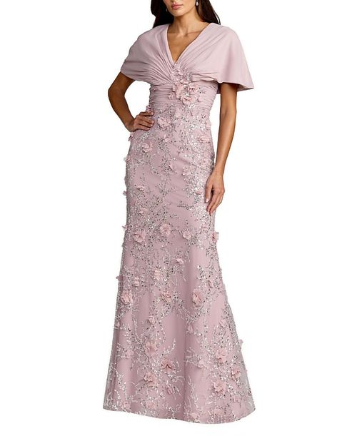 Chiffon Faux Wrap Dress Beaded Skirt Column Gown