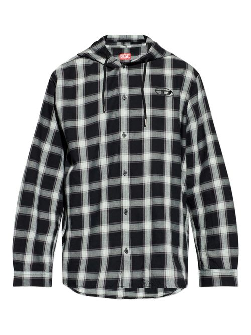 Drawstring Hood Button-Front Shirt Jacket with Logo Detail