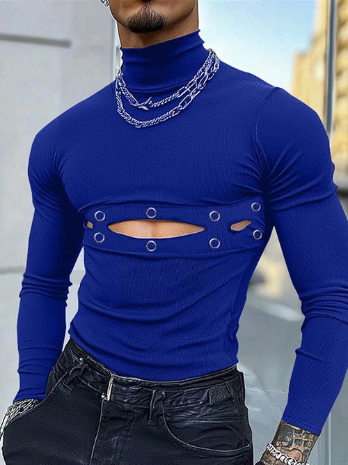 Mens Metal Button Hollow Out Long Sleeve T-Shirt SKUK84559 - Blue / S