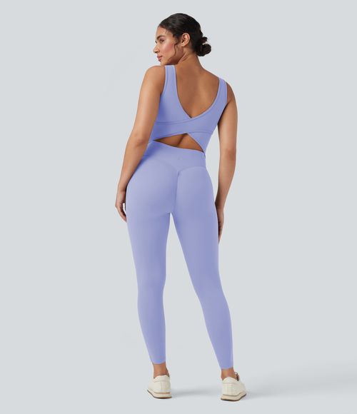 UltraSculpt™ V Neck Tummy Control Butt Lifting Workout Jumpsuit with Pockets Workout Dress - Baby Lavender