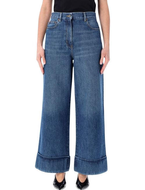 Wide-leg Jeans Crafted From Cotton Denim, Featuring V Gold Metal Detailing on the Back Pockets