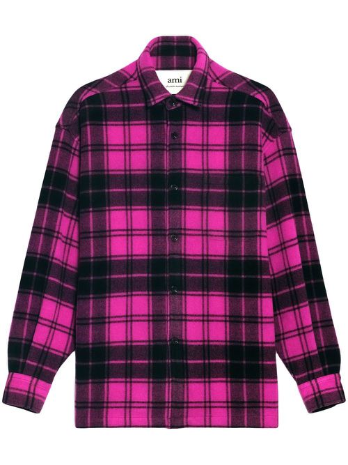 Logo-print check wool overshirt - Pink
