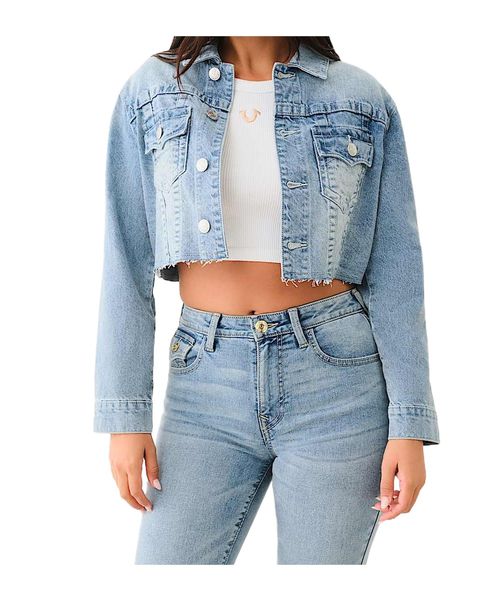 CRYSTAL FRINGE CROP DENIM JACKET
