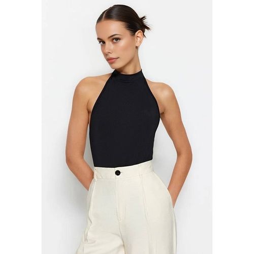 Wovcor Tie Neck High Halter Slim Fit Stretch Bodysuit Top In Black