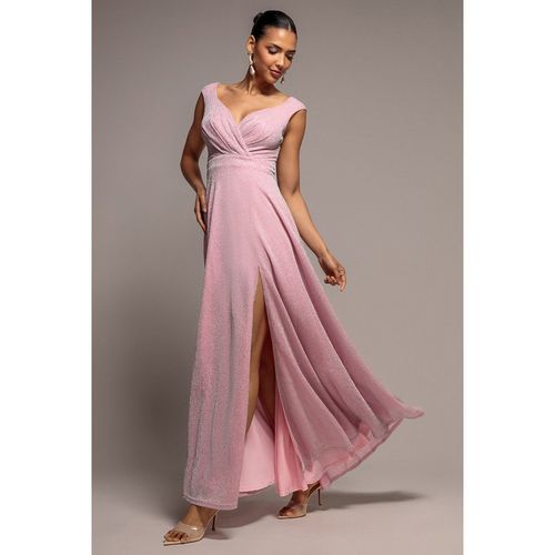 Goddiva Crossover Lurex Glitter Maxi Dress - Pink