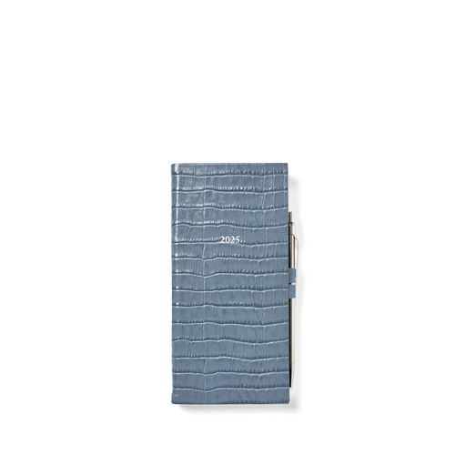 2025 Slim Pocket Leather Diary with Pen in Deep Shine Heritage Blue Small Croc