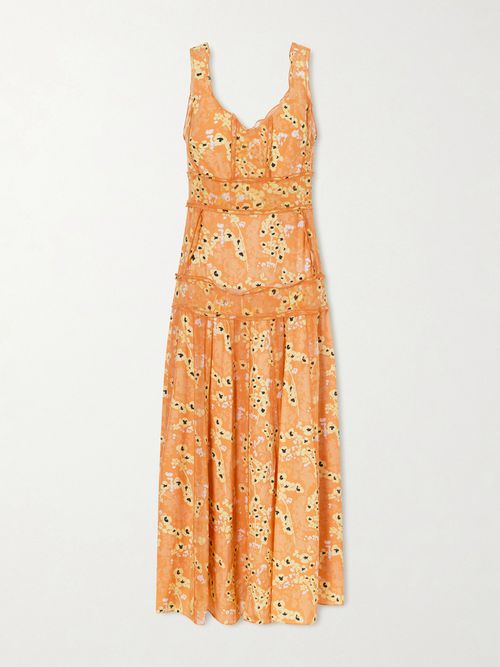 Panelled Printed Silk Maxi Dress - Orange