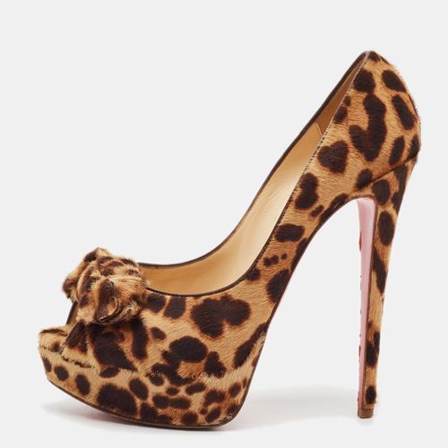 Christian Louboutin 40 Brown/Beige Leopard Print Calf Hair Bow Peep Toe Platform Pump