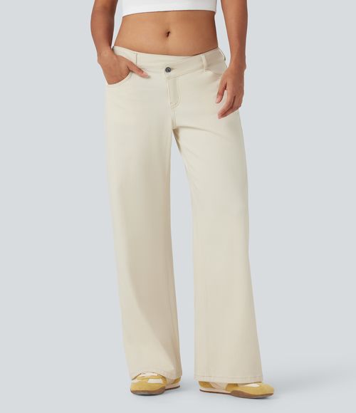 Flex™ Asymmetric Low Rise Zipper Pockets Baggy Wide Leg Washed Casual Jeans  - Light Khaki Denim