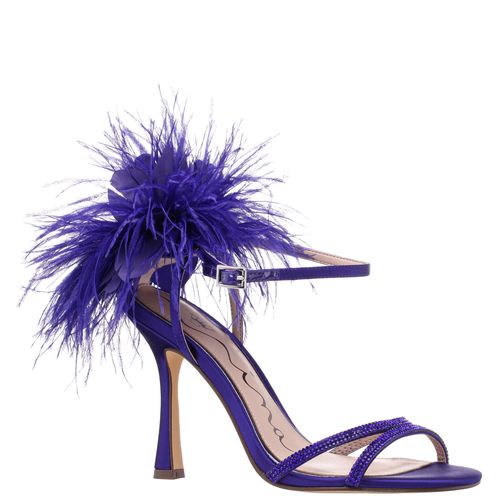 Womens Demi Purple Satin High-Heel Sandals with Matching Crystals, Feathers and Ankle Strap | Nina Shoe
