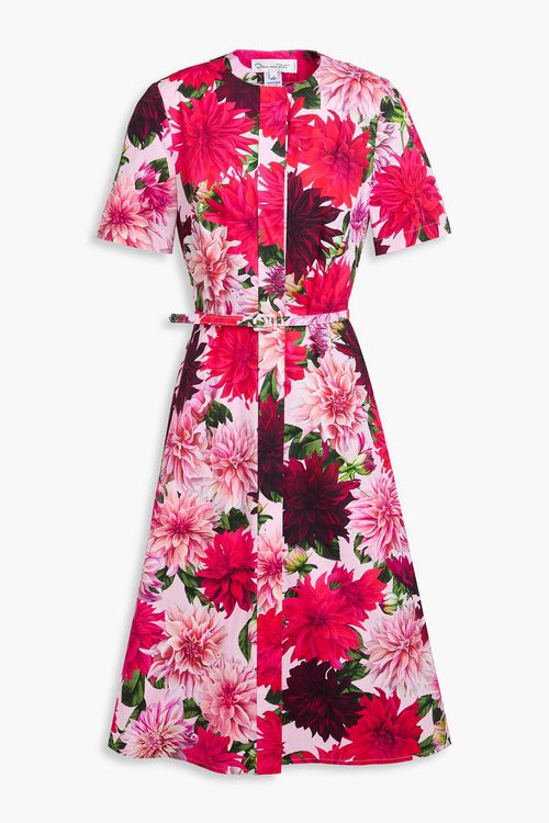 Belted floral-print cotton-blend poplin midi dress - Pink - US 4