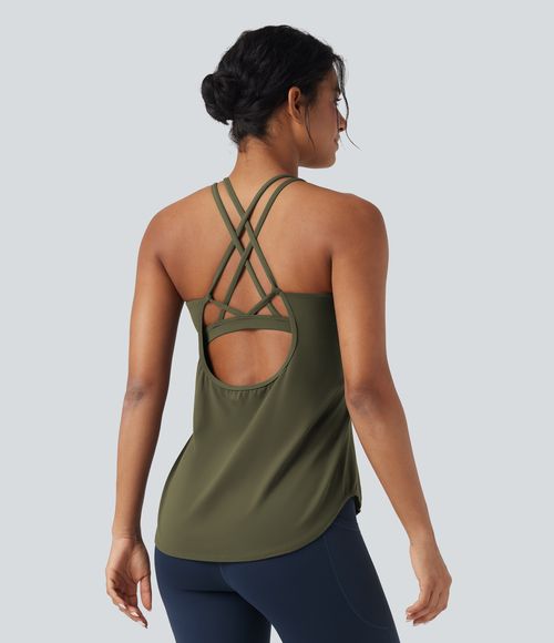 UltraSculpt™ Round Neck Crisscross Back Running Tank Tops DD-F Cups Tank Top - Grass Grey Green
