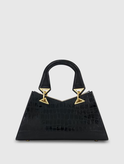 Crocodile Leather Handbag With Gold Hardware, Black, One Size