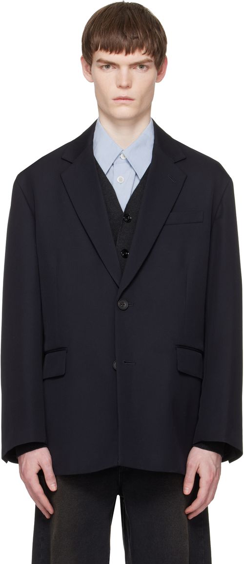 Navy Wool Kersey Oversized Single Breasted Blazer