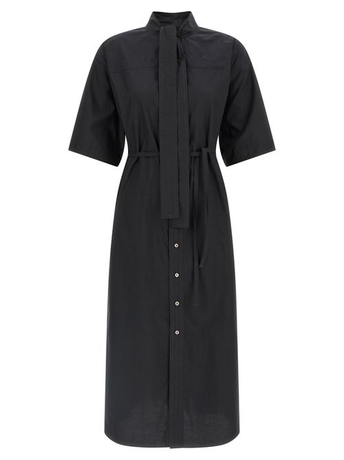 Cotton-Silk Midi with Lavallière Collar Dress — Black