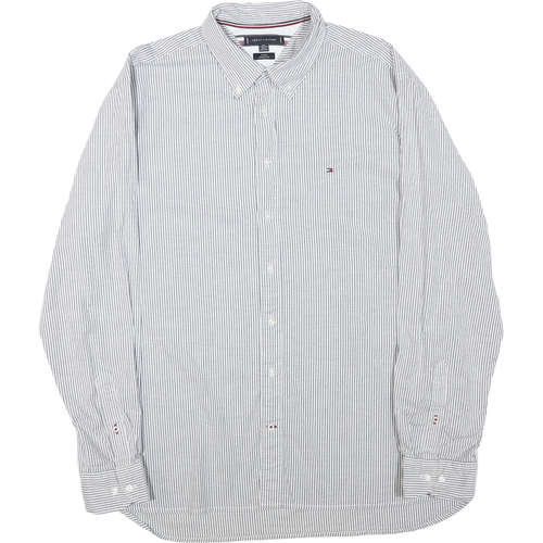TOMMY HILFIGER Mens White & Grey Striped Shirt Button-Down Cotton Blend