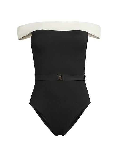 Women's Off-The-Shoulder One-Piece Swimsuit - Black White