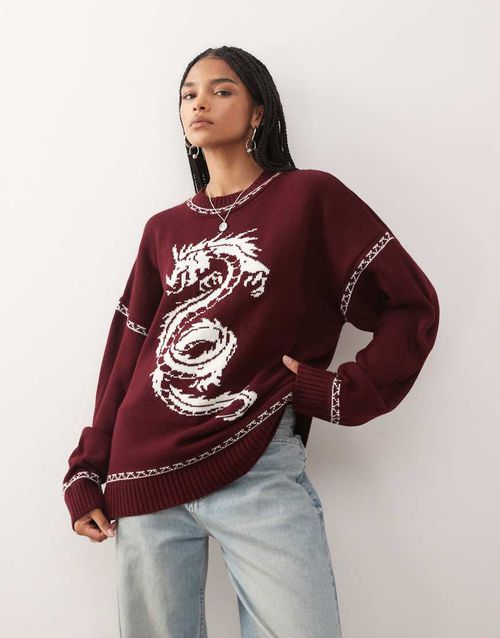 Knitted jumper with dragon graphic in burgundy-Red