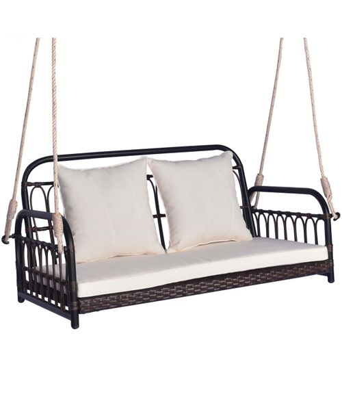 Patio Swing Chair 2-Person Hanging Seat Outdoor Wicker Loveseat Cushioned Porch - White