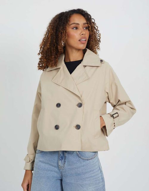 Double breasted short trench coat in stone-Neutral
