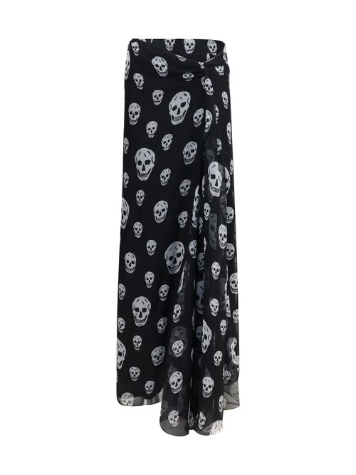 Skull-Print Silk Draped Skirt — Black