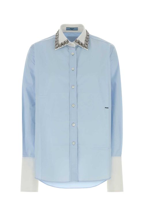 Crystal-Embellished Collar Poplin Shirt — Blue