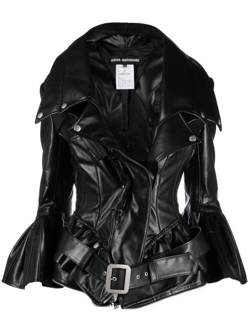 Faux-leather flared fitted coat - Black