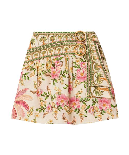 Belted wrap-effect pleated floral-print linen mini skirt