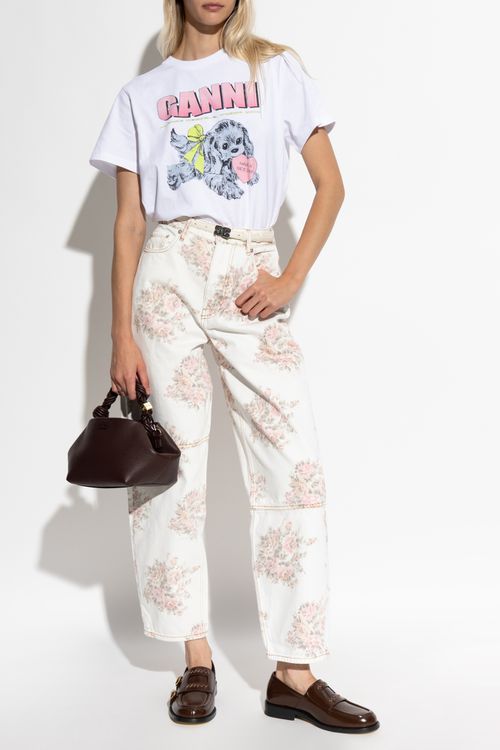 Jeans With Floral Motif, Women's, White