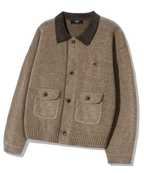 Leather Patchwork Velvet Cardigan Knit_Beige