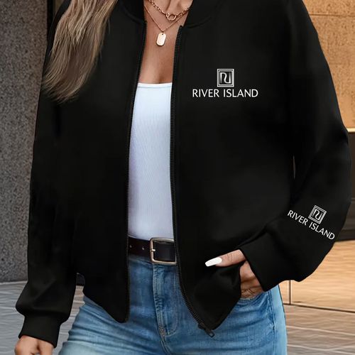 TEMU Women's Casual Long Sleeve Zip-up Jacket With "" Print - Brown, Baseball Collar, Machine Washable, Outdoor Wear, Sporty Style, Casual Outdoor