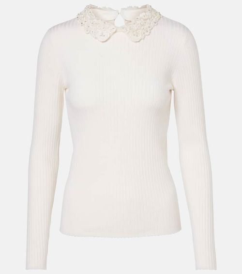 Embellished ribbed-knit wool top