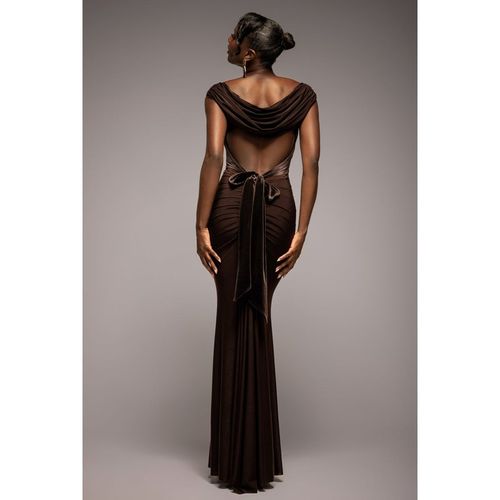 Goddiva Open Back Cowl Neck Gathered Maxi Dress With Velvet Tie Back - Brown