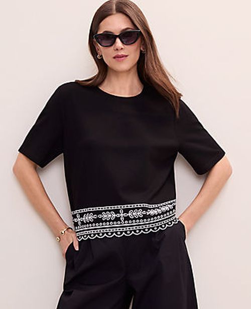 Ann Taylor Petite Embroidered Crew Neck Top