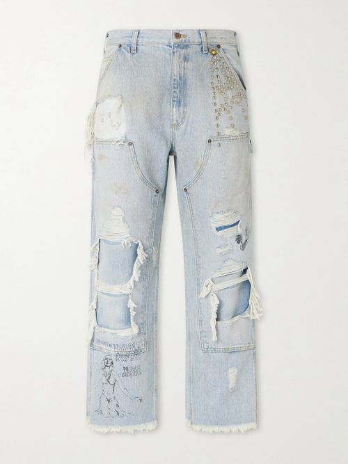 Straight-Leg Distressed Studded Jeans
