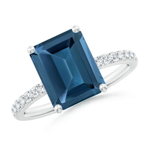 Angara 4.0 Carats Emerald-Cut London Blue Topaz Engagement Ring with Diamonds in Platinum