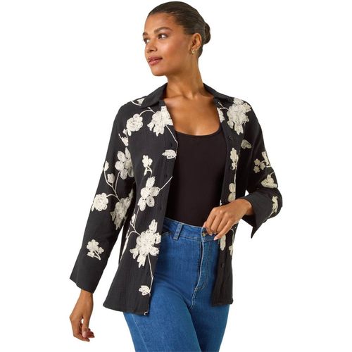 Roman Womens Floral Embroidered Collared Shirt - Black