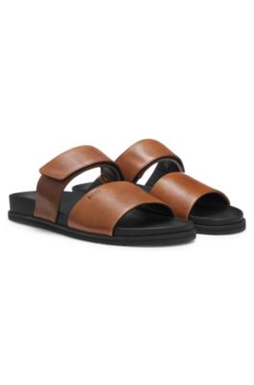 BOSS Leather slides with riptape strap - Dark Brown Men's Sanda