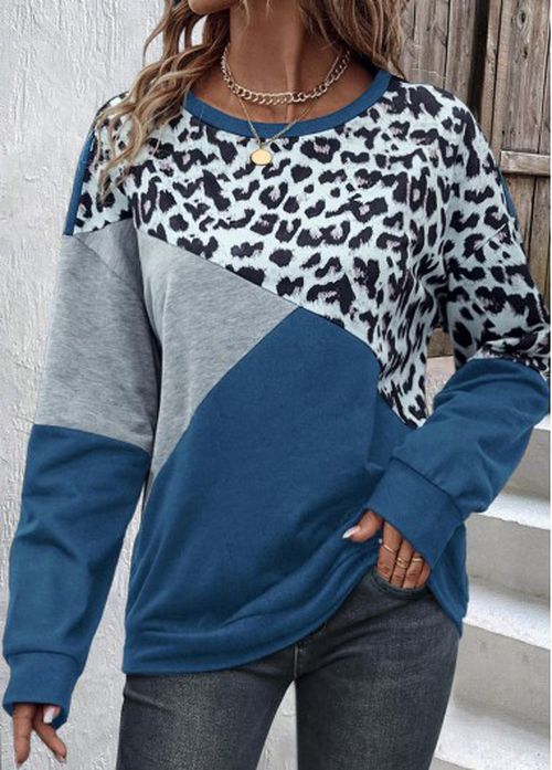 Modlily Dusty Blue Patchwork Leopard Long Sleeve Sweatshirt
